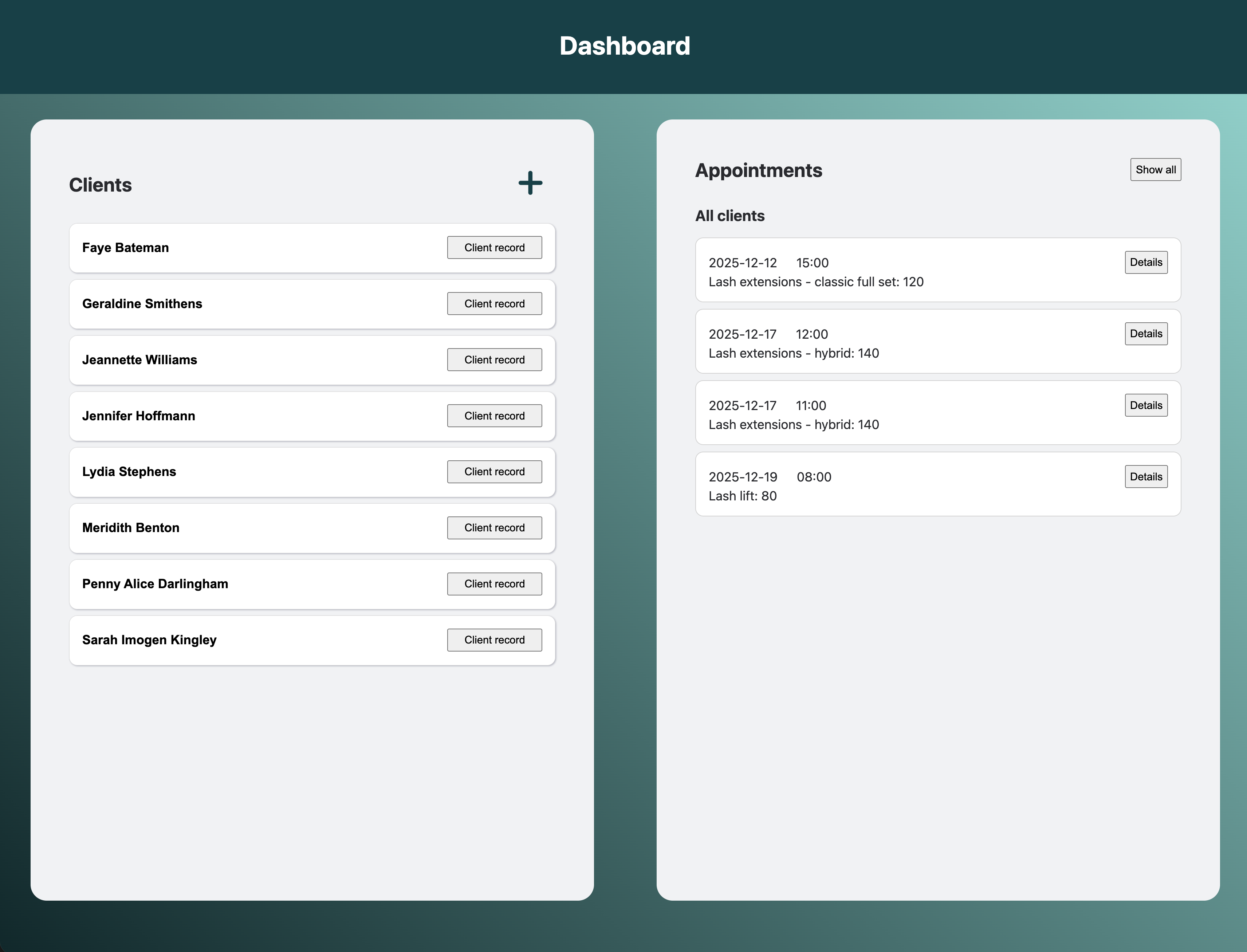 Screenshot of the dashboard interface for lash client management app.