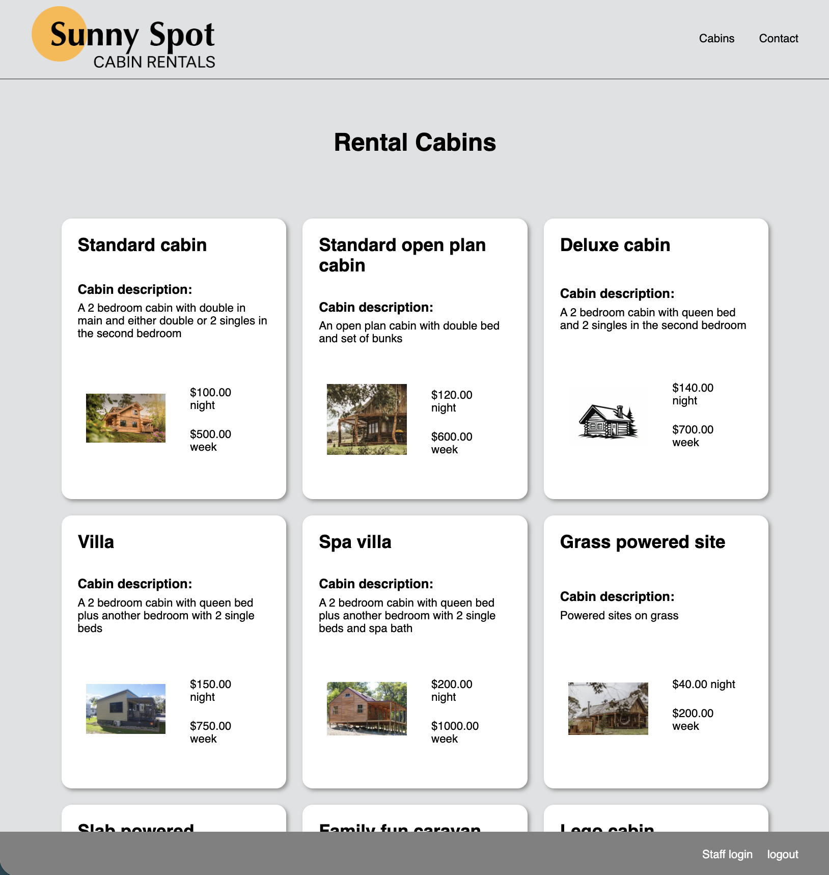 screenshot of sunny spot rentals page