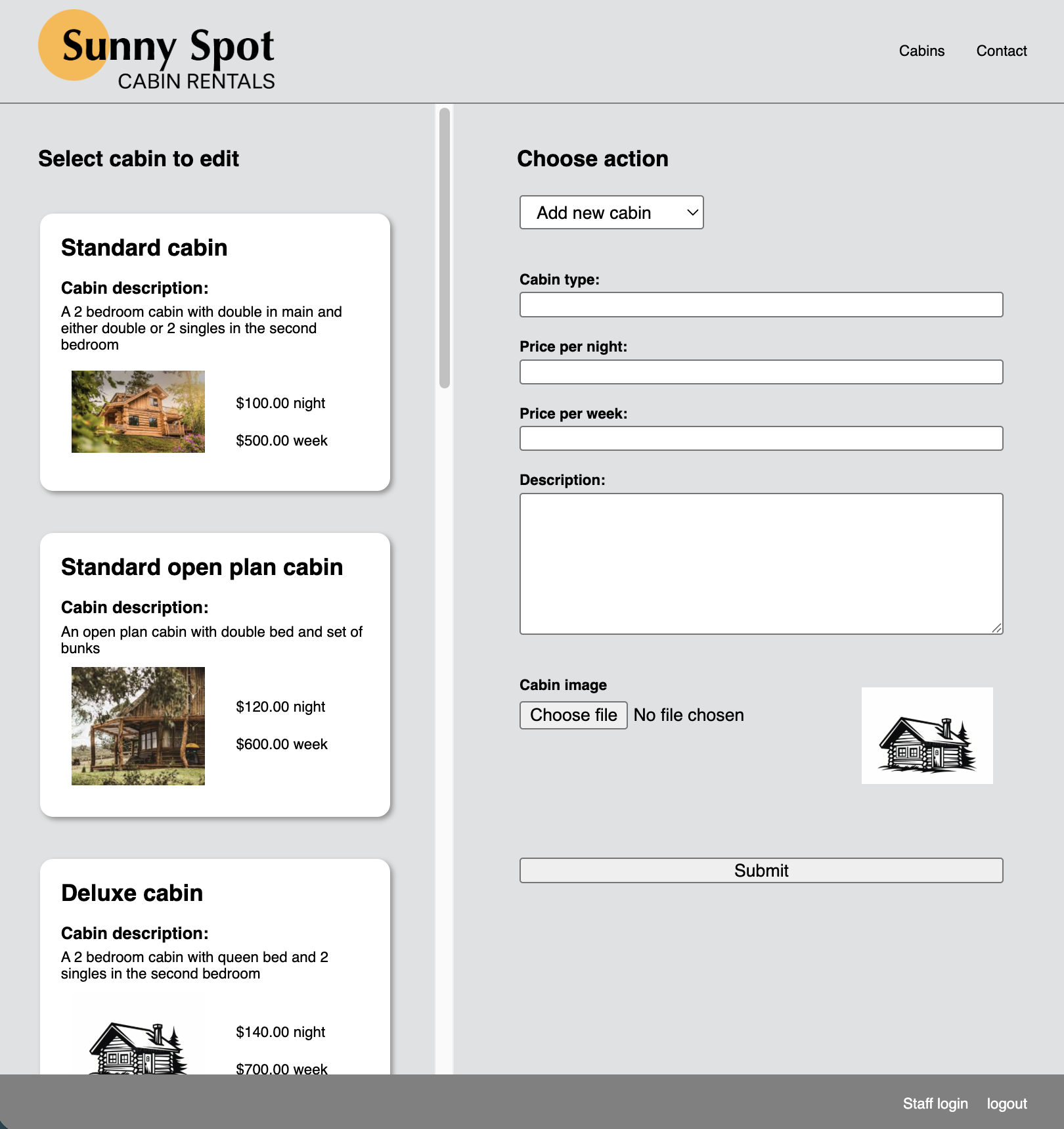 screenshot of sunny spot dashboard page with CRUD functionality