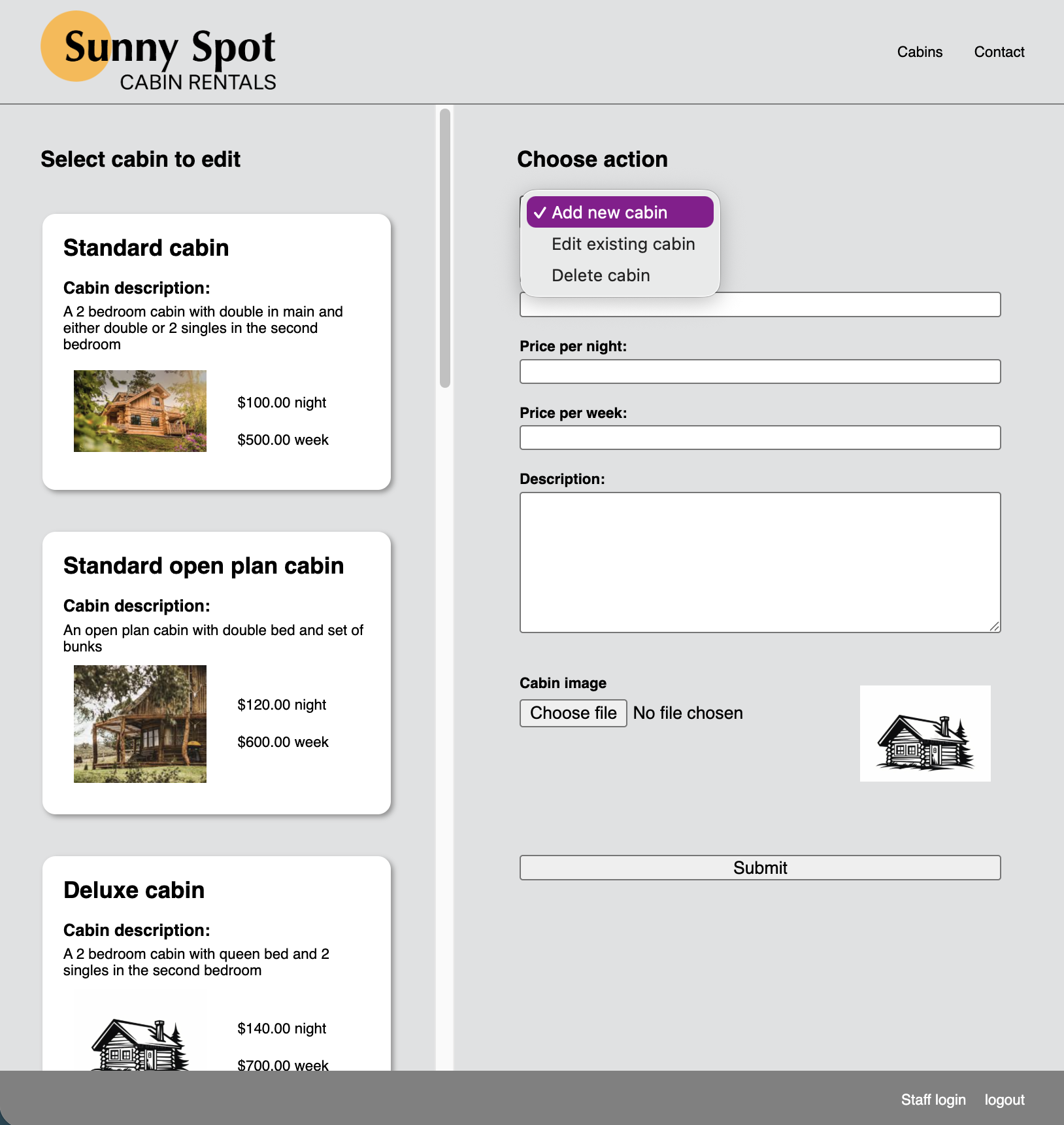 screenshot of sunny spot dashboard page with CRUD functionality