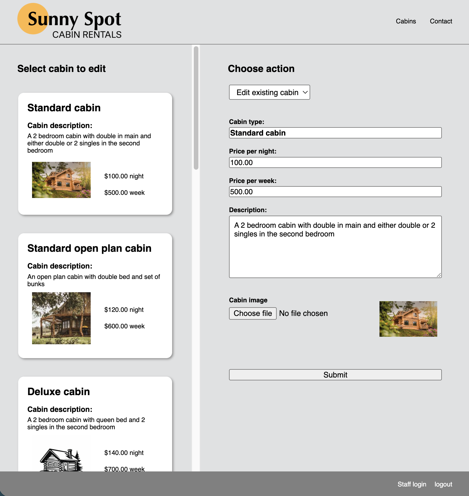 screenshot of sunny spot dashboard page with CRUD functionality